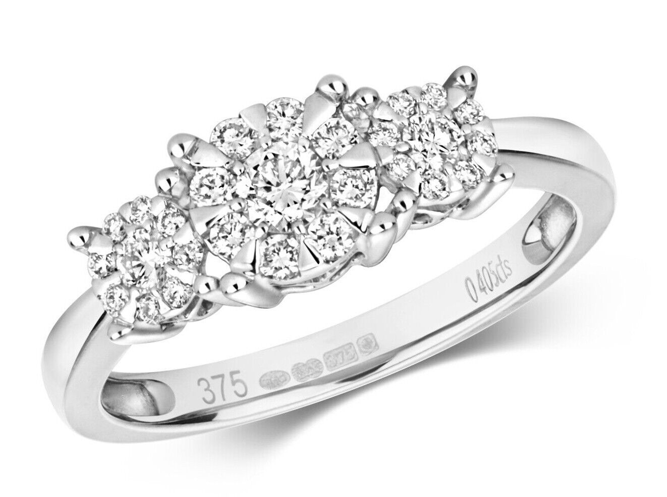 Real Diamond Three Cluster Ring 9ct White Gold 0.41 carat of Diamonds