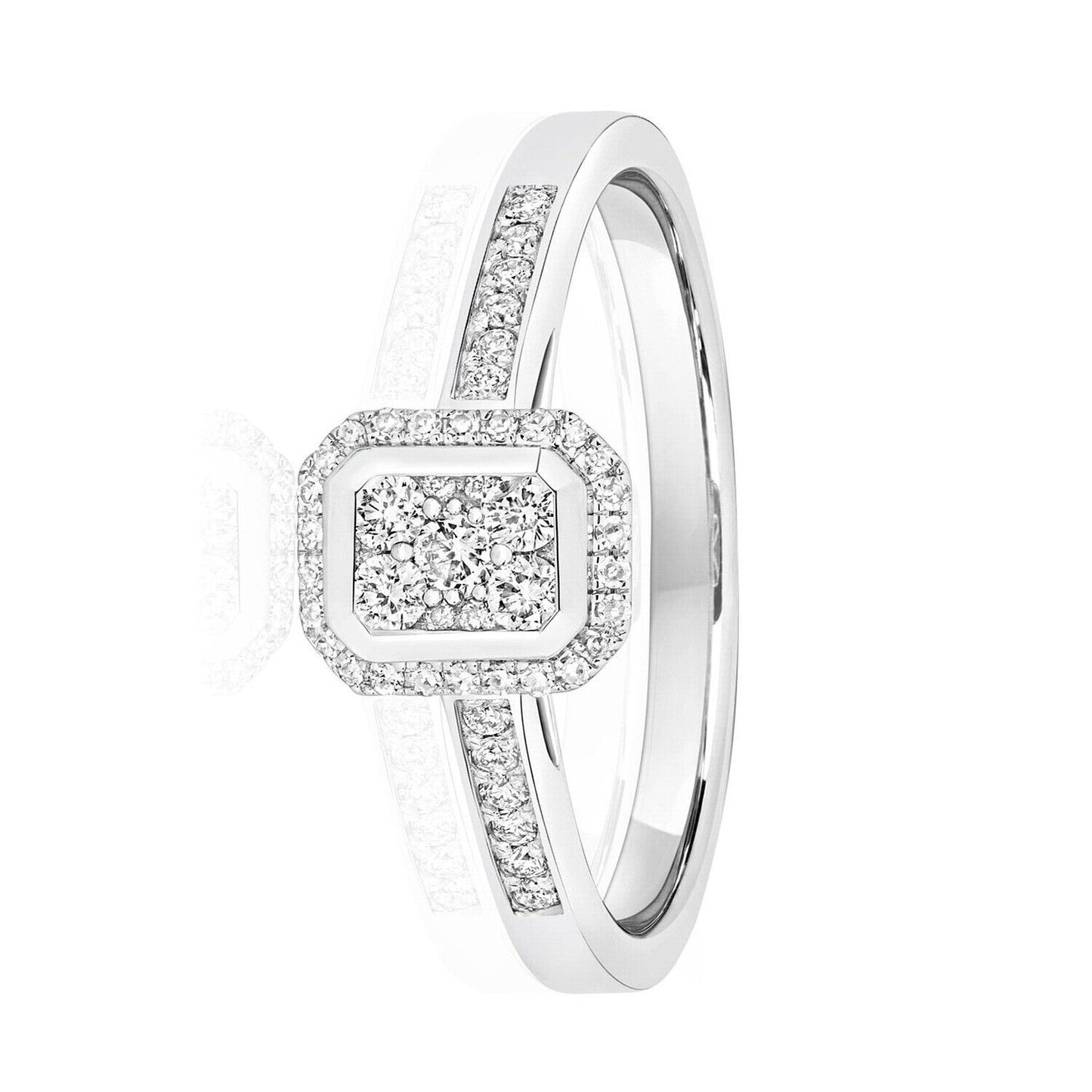 Real Diamond Halo Cluster Ring 9ct White Gold Engagement Rectangular 0.25ctw