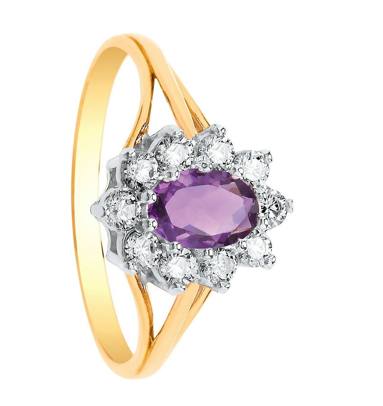 9ct Yellow Gold Amethyst Ring Cluster Engagement Dress Fully Hallmarked