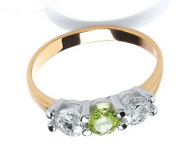 Real Peridot Trilogy Ring 9ct Yellow Gold Three Stone Engagement Full Hallmark