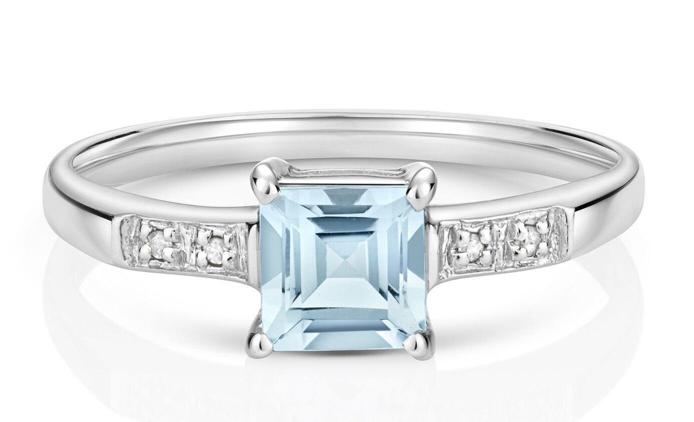 Aquamarine and Diamond Ring Solid 9ct White Gold Real Genuine Stones Size J - Q
