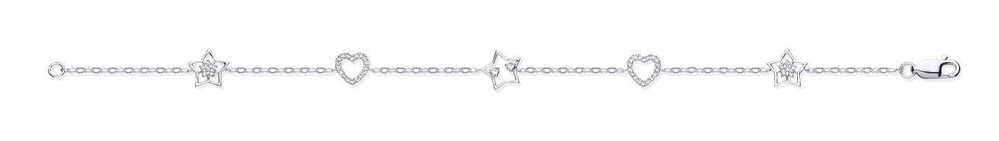 9ct White Gold 0.20ctw Hearts & Stars Diamond Bracelet Made in London