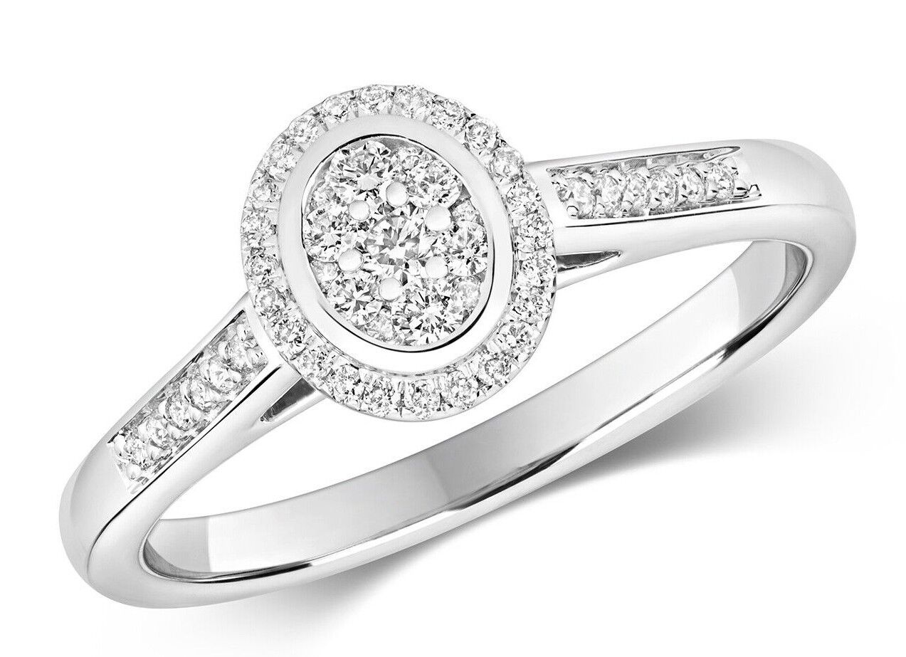 Real Diamond Halo Cluster Ring 9ct White Gold Engagement Oval 0.25ctw