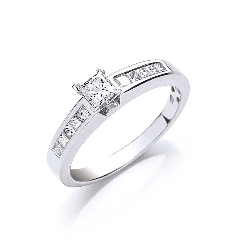 Real Princess Cut Diamond Solitaire Ring 18ct White Gold 0.50 Carat Weight