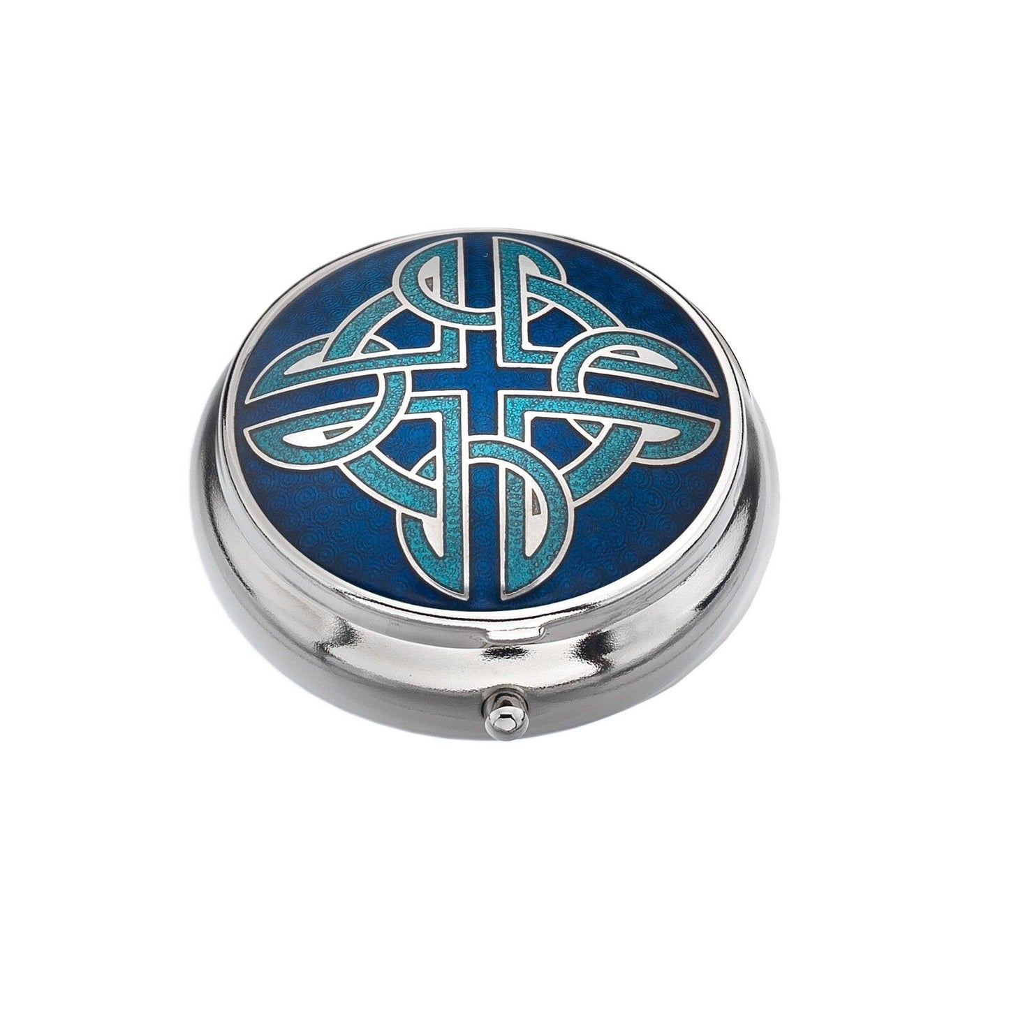 Pillbox Silver Plated Cross Celtic Knot Design Blue Brand New and Boxed