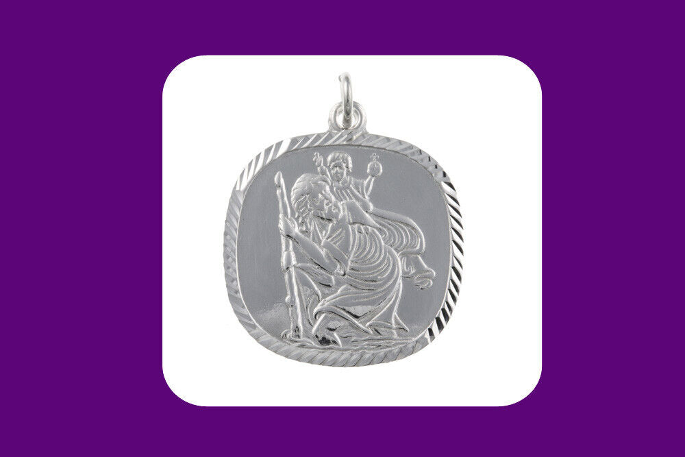 Square St Christopher Pendant Sterling Silver 925 Hallmark 14 - 24" Length Chain