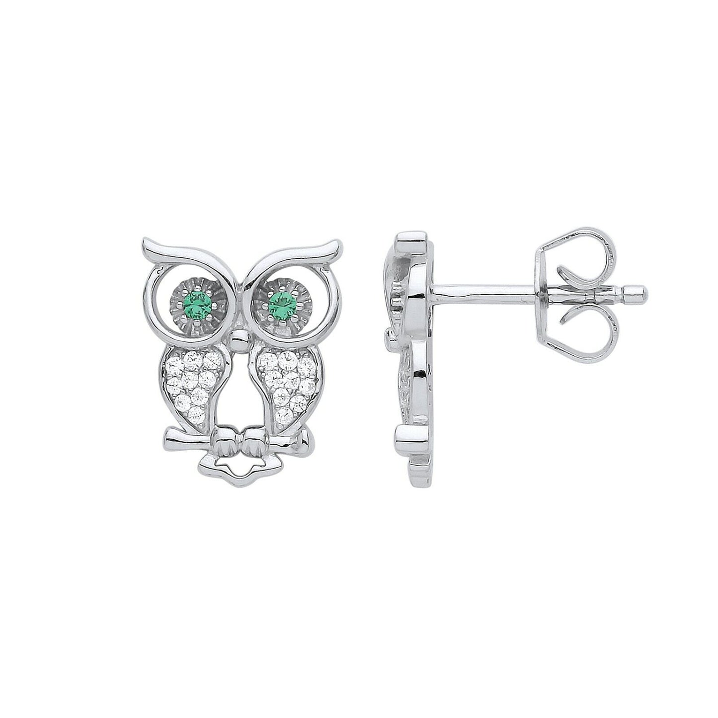 Emerald Owl Stud Earrings Sterling Silver Rhodium Plated 925 Hallmark