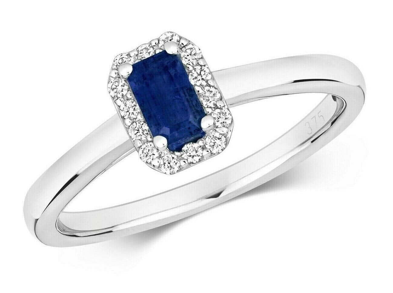 Real Sapphire and Diamond Ring 9ct White Gold Octagon Cut Cluster Size J - Q