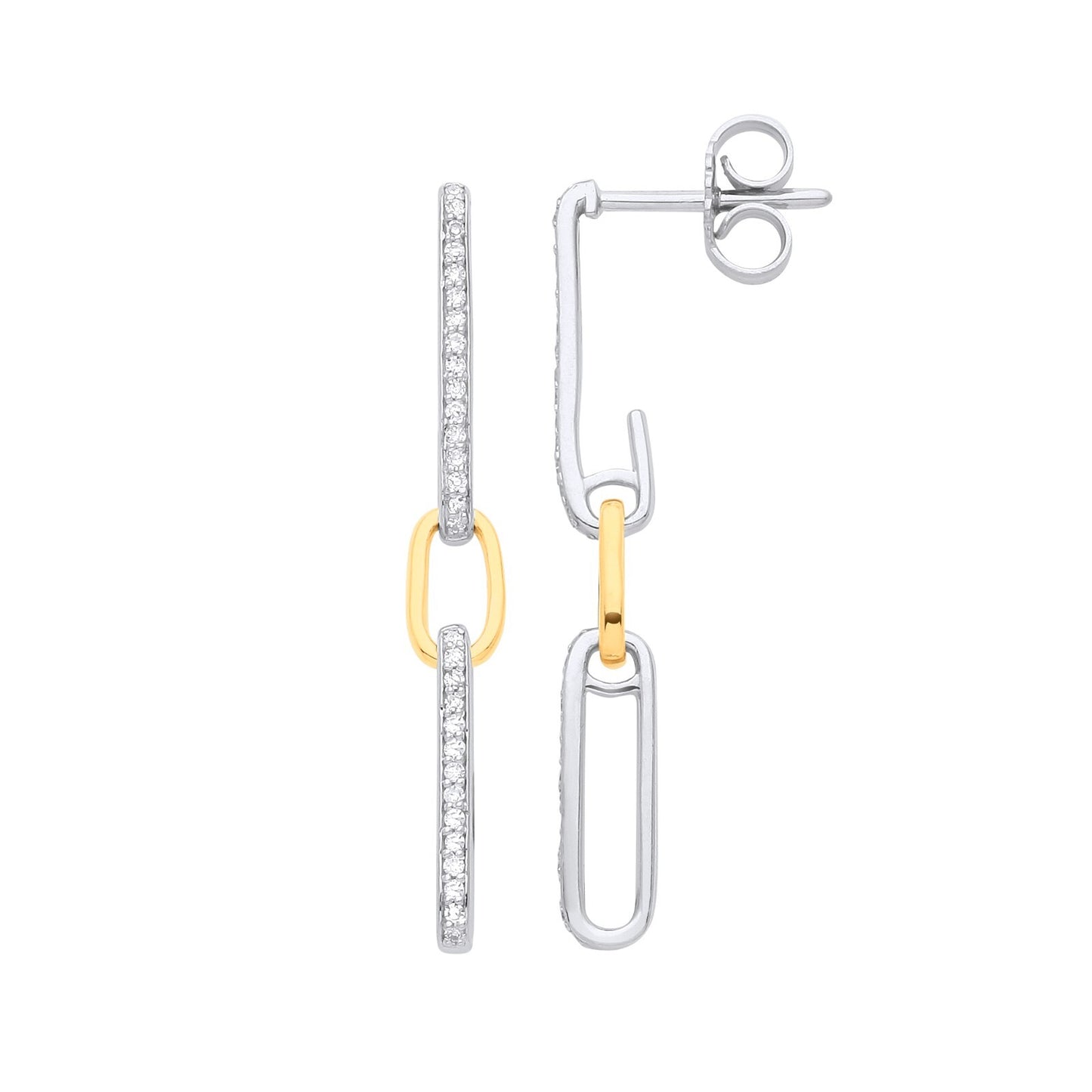 9ct White & Yellow Gold 0.18ctw Link Drop Diamond Earrings Hallmarked 33mm Long