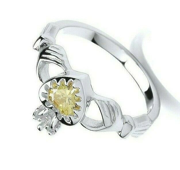Yellow Topaz Claddagh Ring Sterling Silver Hallmarked Rhodium Finish British