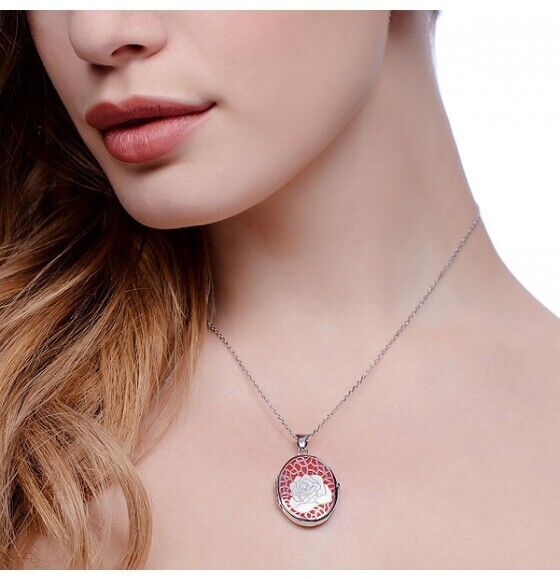 Sterling Silver Red Rose Oval Locket 16-18" Chain Luxurious Packaging 925