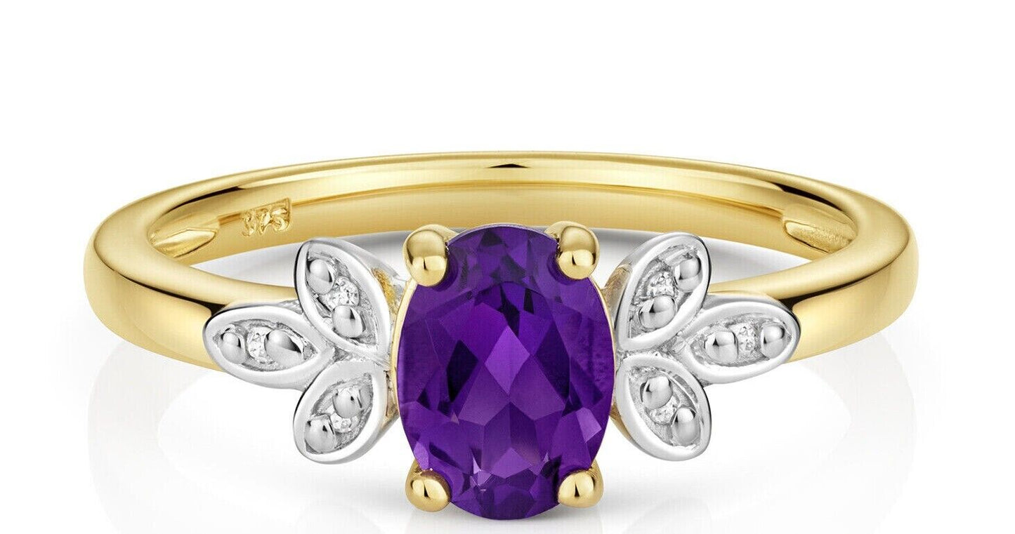Real Amethyst and Diamond Ring Leaf Design Shoulders 9ct Yellow Gold Size J - Q