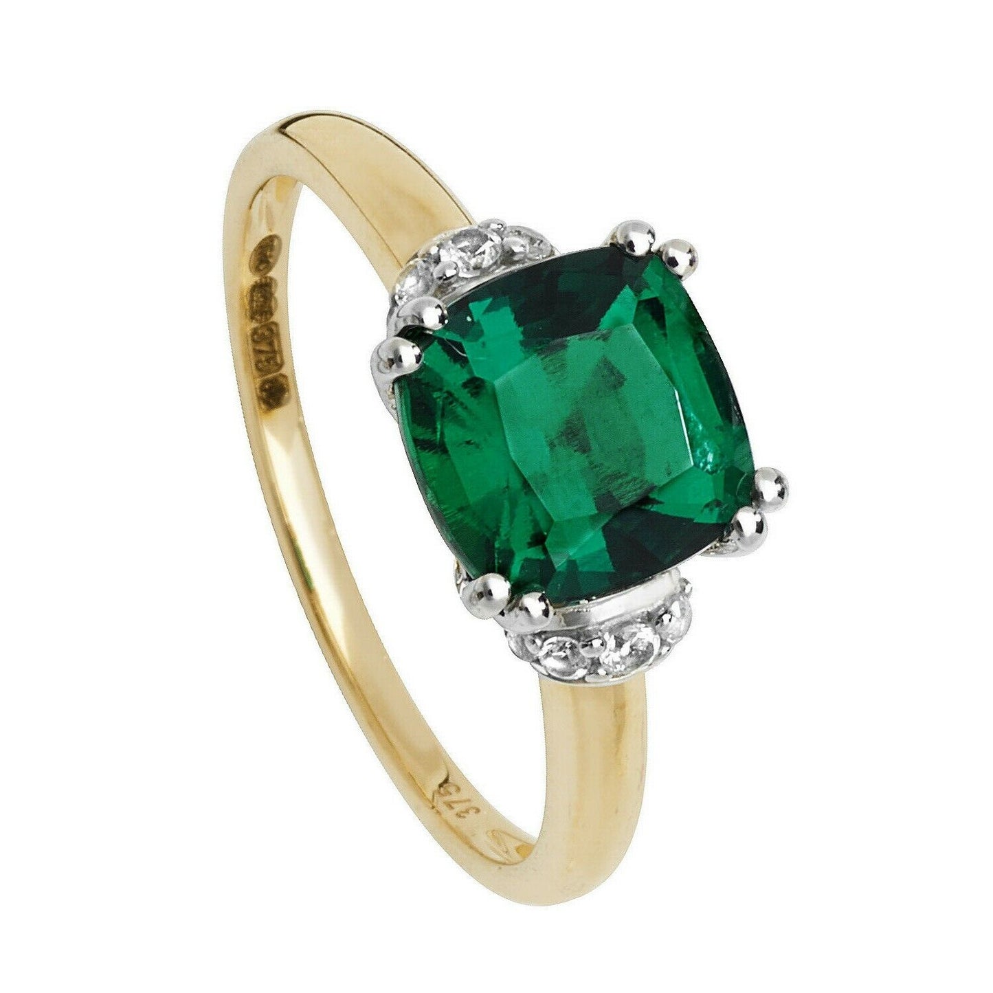 Yellow Gold Emerald Ring Solitaire Cushion White Sapphire Engagement Hallmarked
