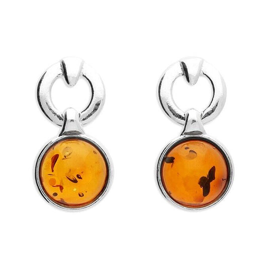 Cognac Amber Bead Stud Earrings Solid Sterling Silver 925