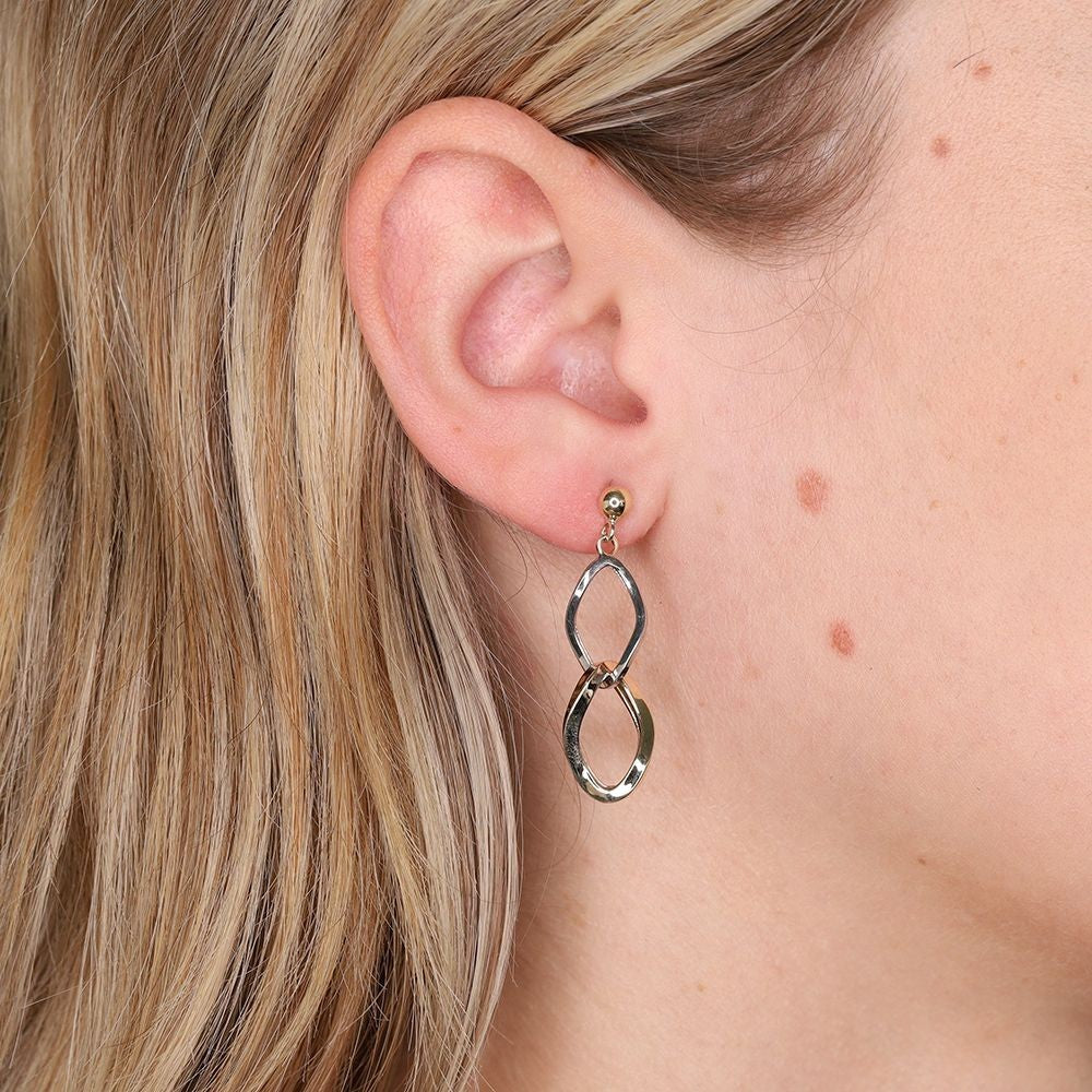 Two Colour Gold Interlink Earrings Yellow and White Gold 36mm Drops Hallmarked