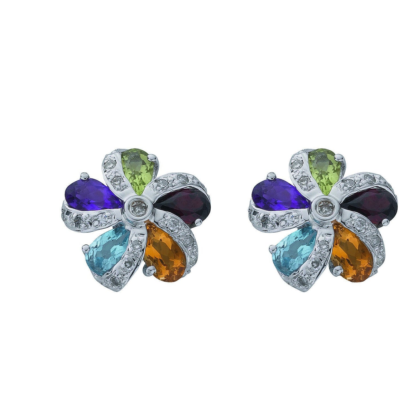 Multi Colour Gems and Diamond Flower Cluster Earrings 9ct White Gold 12.6mm
