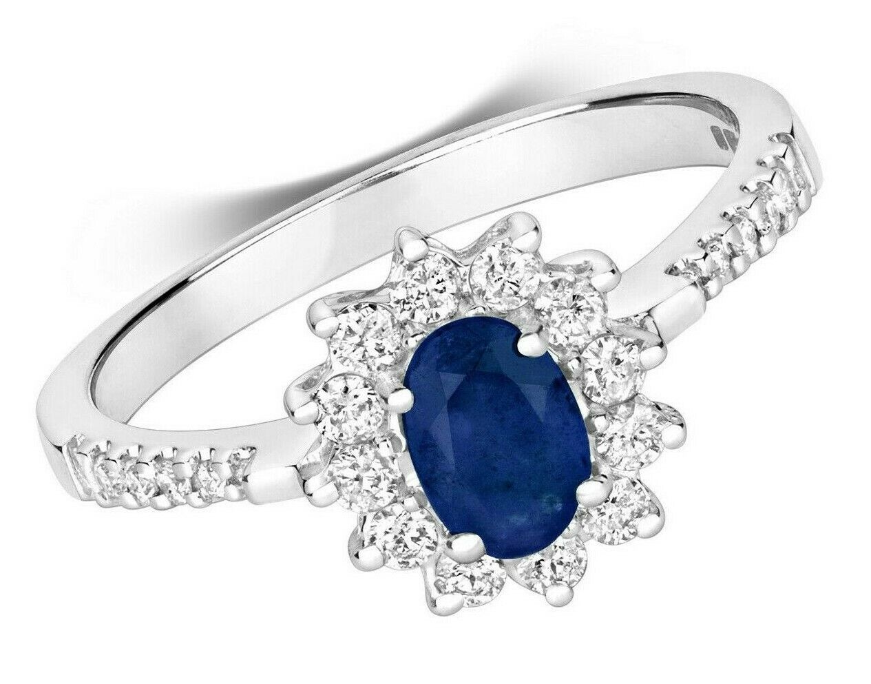 9ct White Gold Sapphire and Diamond Ring Oval Cluster Engagement Size J - T