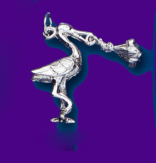 Stork and Baby Pendant Sterling Silver 925 Hallmark Christening 14 - 24" Chain