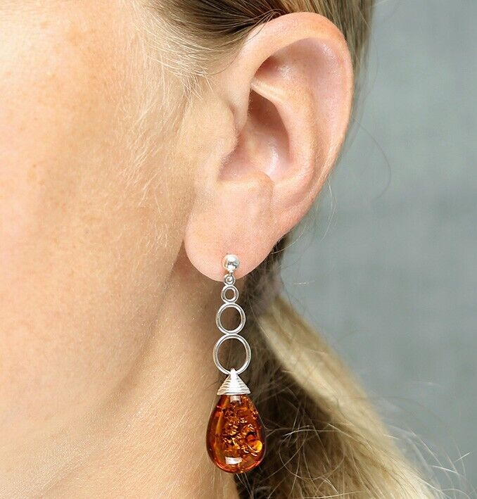 Cognac Amber Teardrop Earrings Graduated Circle Drop Solid Sterling Silver 925