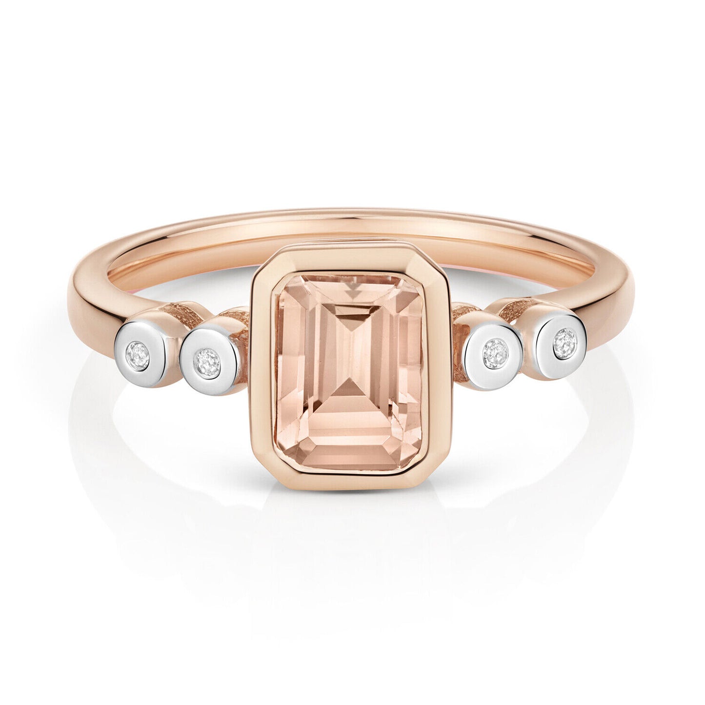 Morganite and Diamond Ring Solid Rose Gold Emerald Cut Smooth Set Solitaire