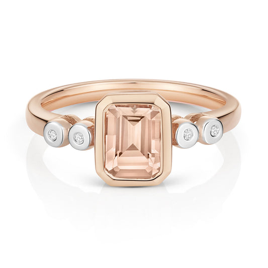 Morganite and Diamond Ring Solid Rose Gold Emerald Cut Smooth Set Solitaire