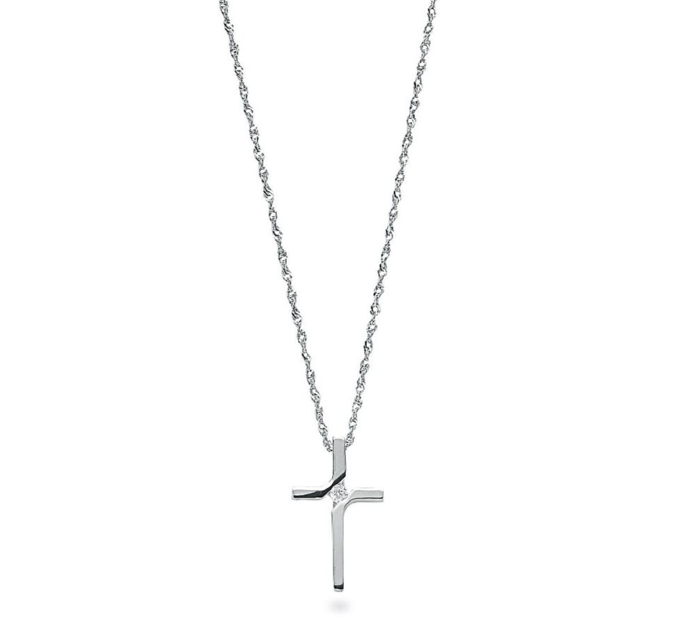 9ct White Gold 0.04ct Diamond Cross Pendant with 18in/45cm Chain Made in London