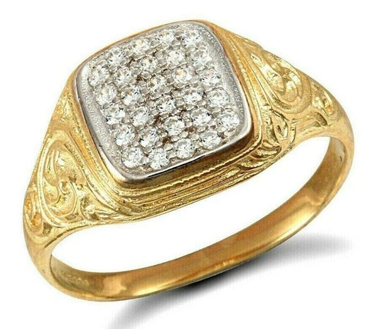 9ct Yellow Gold Gents Cubic Zirconia Ring Square Signet Hallmarked