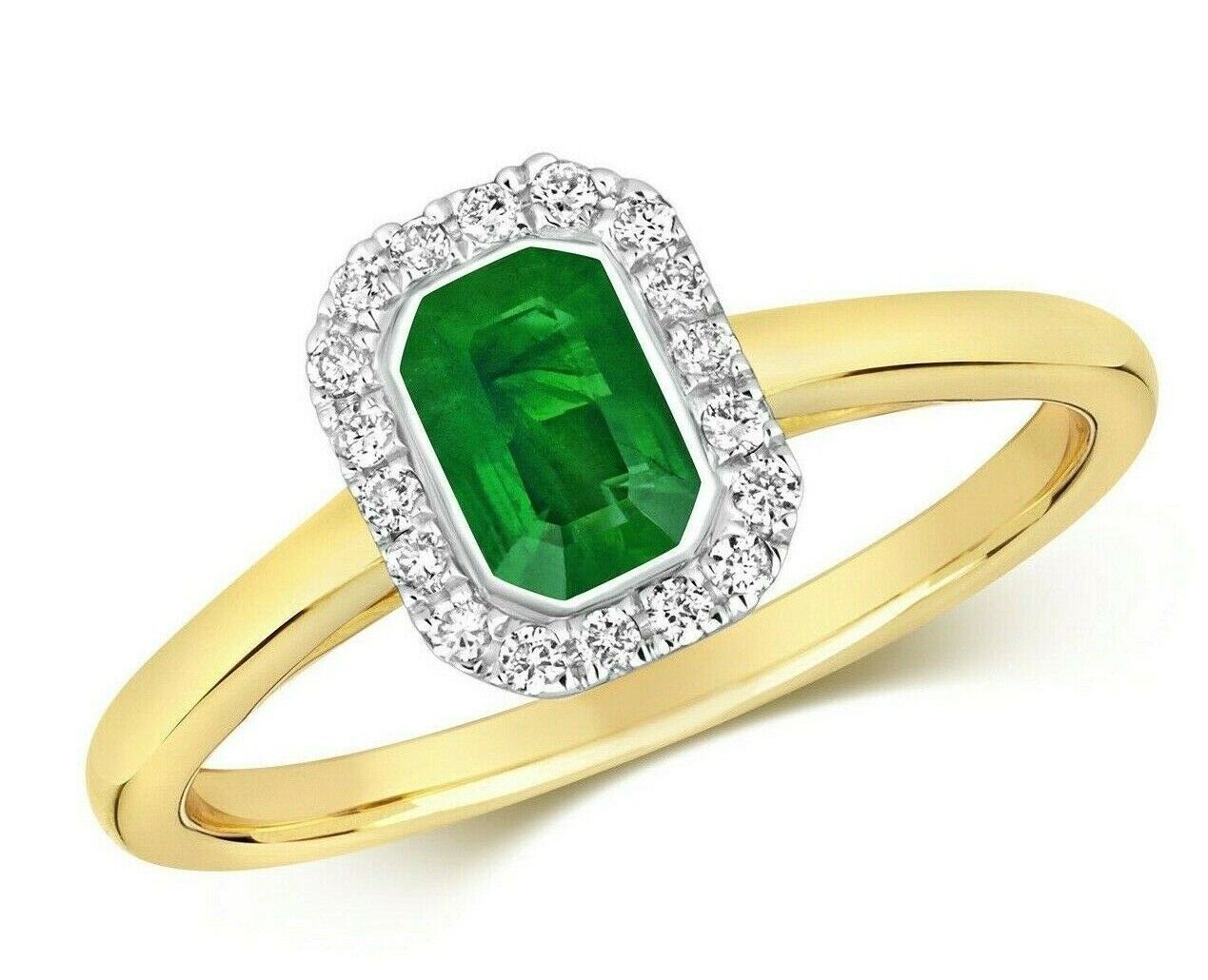 Real Emerald and Diamond Ring 9ct Yellow Gold Octagon Cluster Engagement