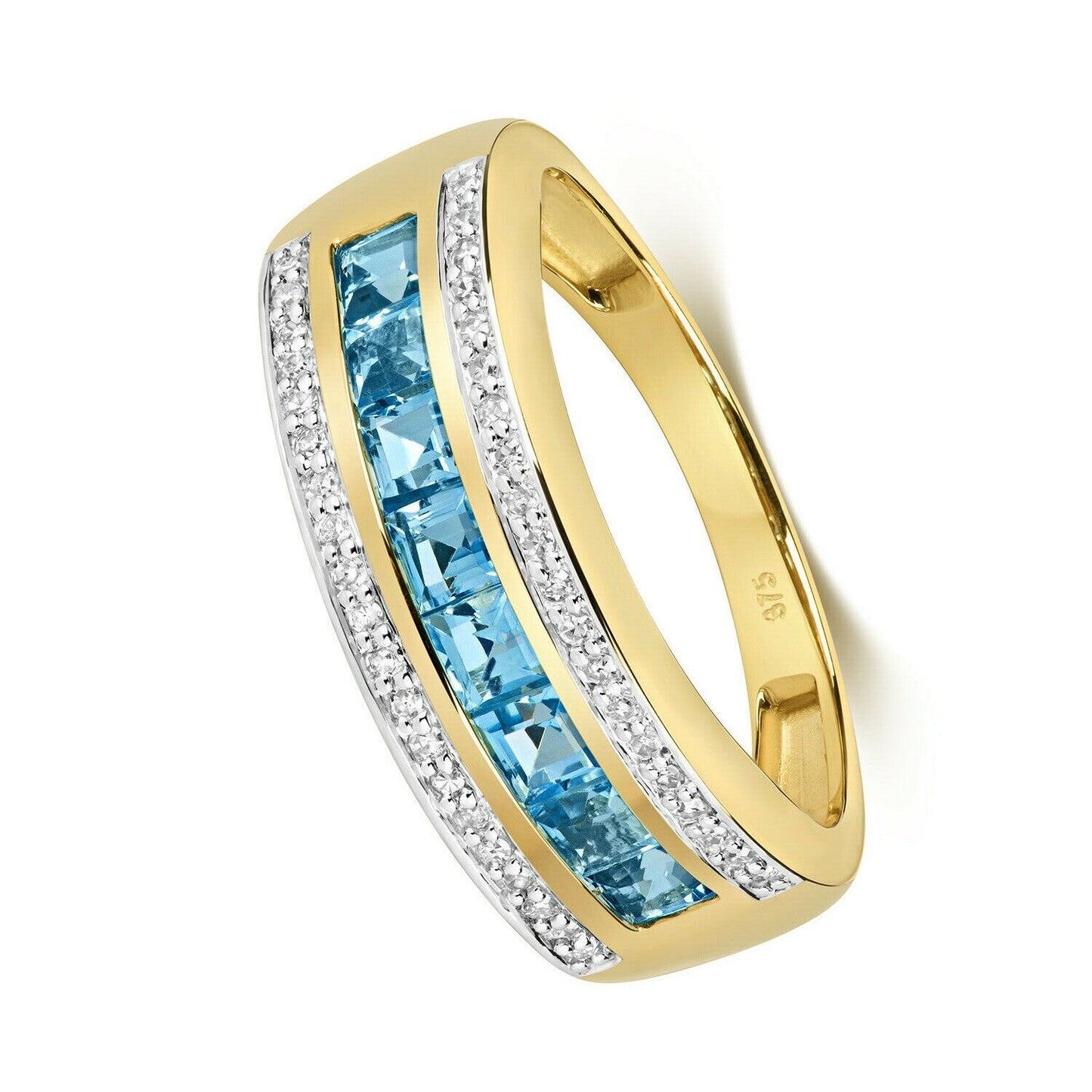 9ct Yellow Gold Blue Topaz and Diamond Eternity Band Ring 6mm Wide Anniversary
