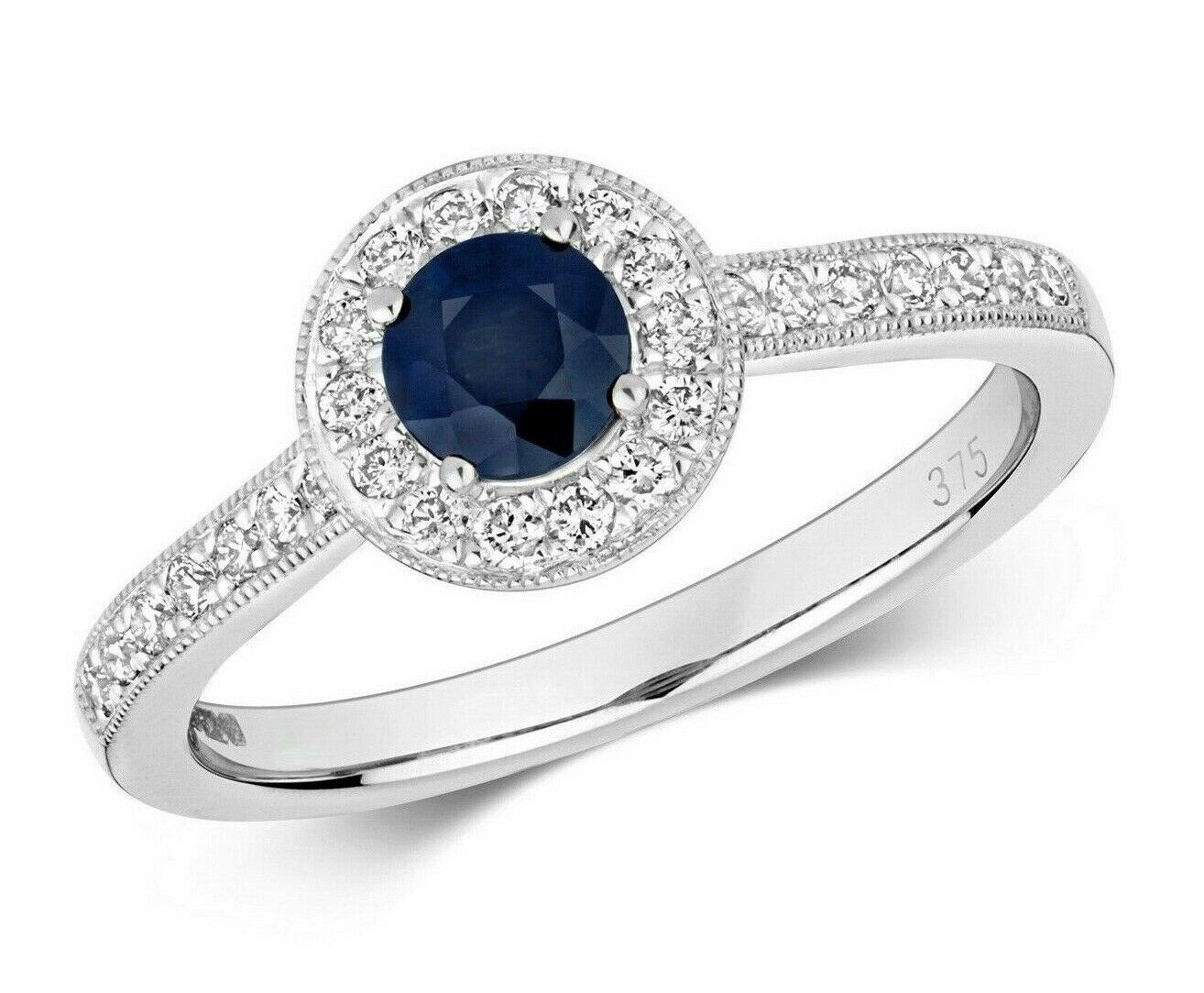 Real Sapphire and Diamond Ring 9ct White Gold Round Cluster Halo Engagement