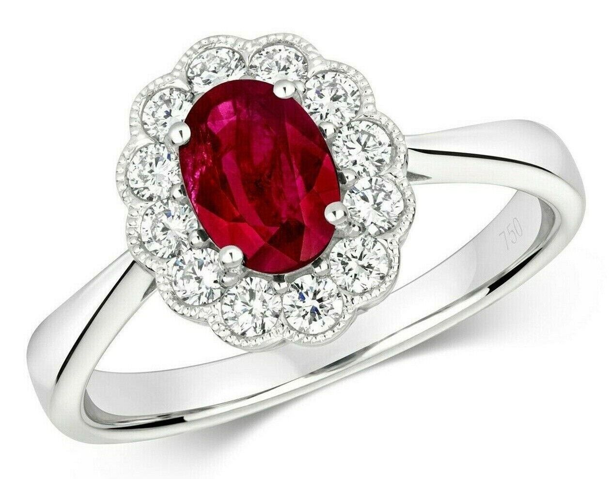Real Ruby and Diamond Ring 18ct White Gold Oval Cluster 1.41 Carat Weight