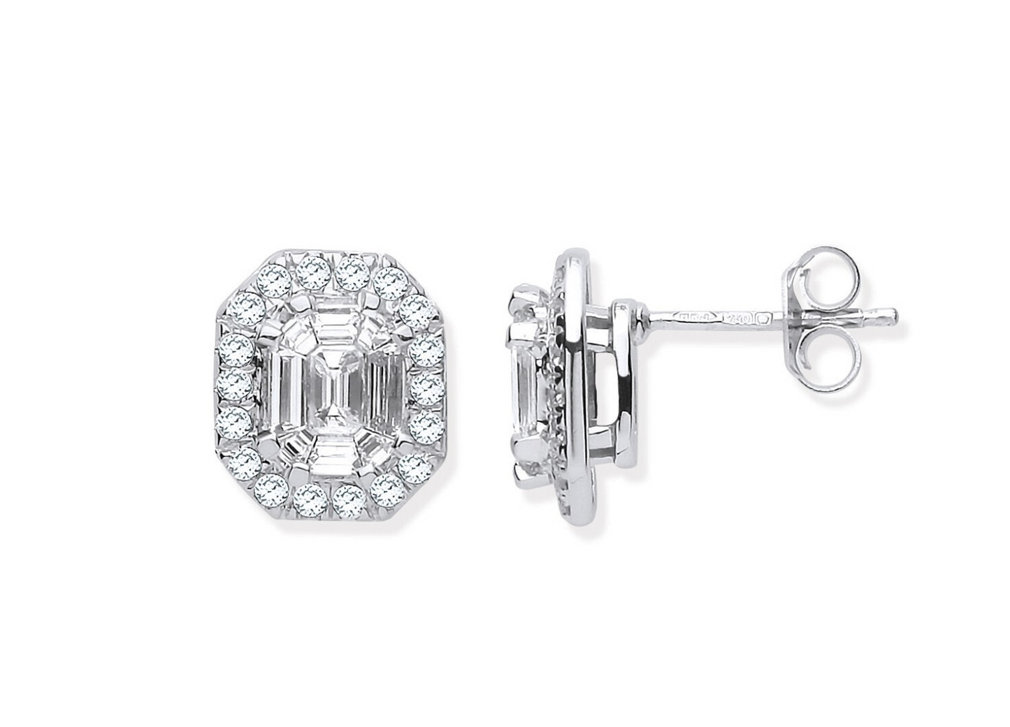 18ct White Gold Baguettes & Emerald Centre 1.40ctw Diamond Studs Hallmarked