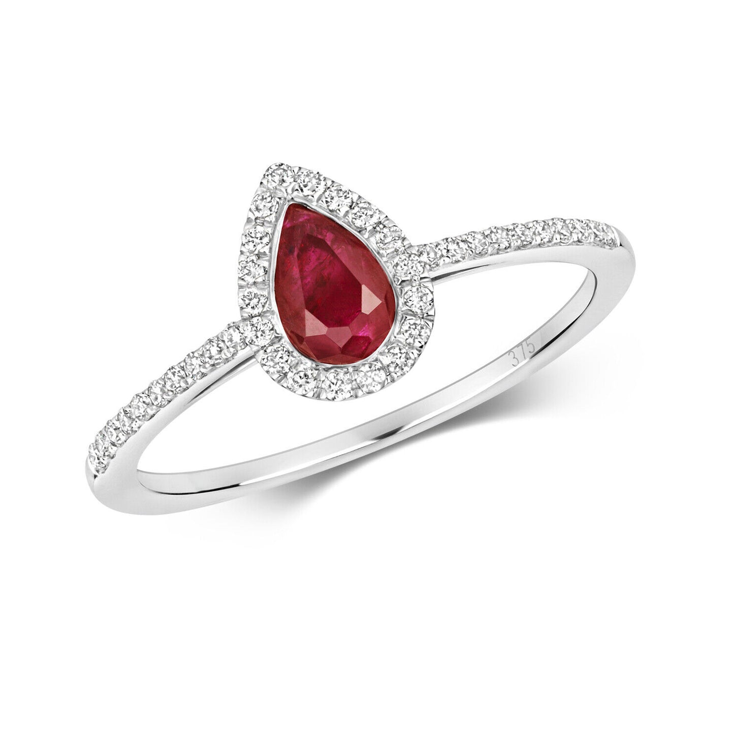 Real Ruby and Diamond Pear Ring 9ct White Gold Teardrop Cluster Size J - Q