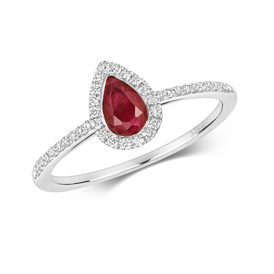 Real Ruby and Diamond Pear Ring 9ct White Gold Teardrop Cluster Size J - Q