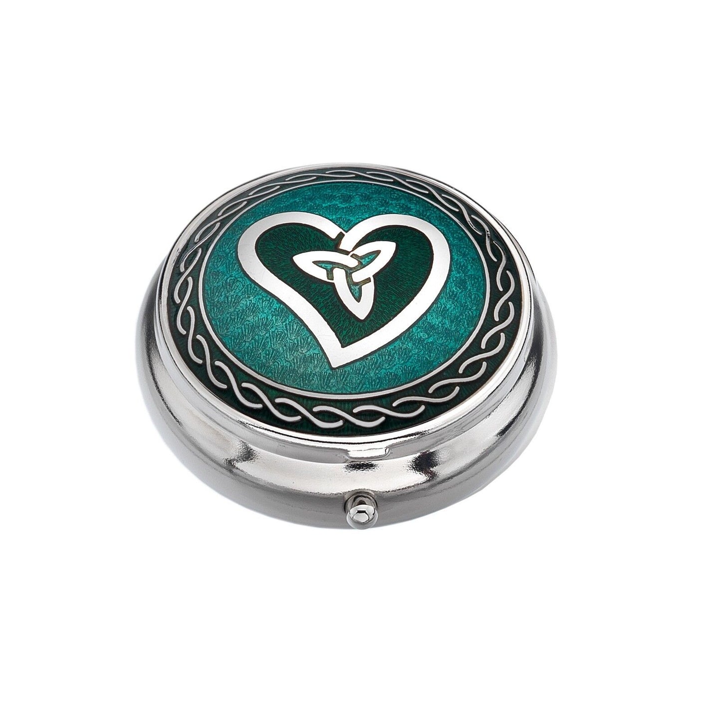 Pillbox Silver Plated Celtic Heart Green Brand New and Boxed