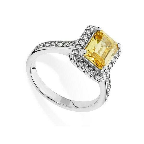 Citrine Halo Engagement Ring 925 Hallmark Rhodium Finish Size J - R British Made