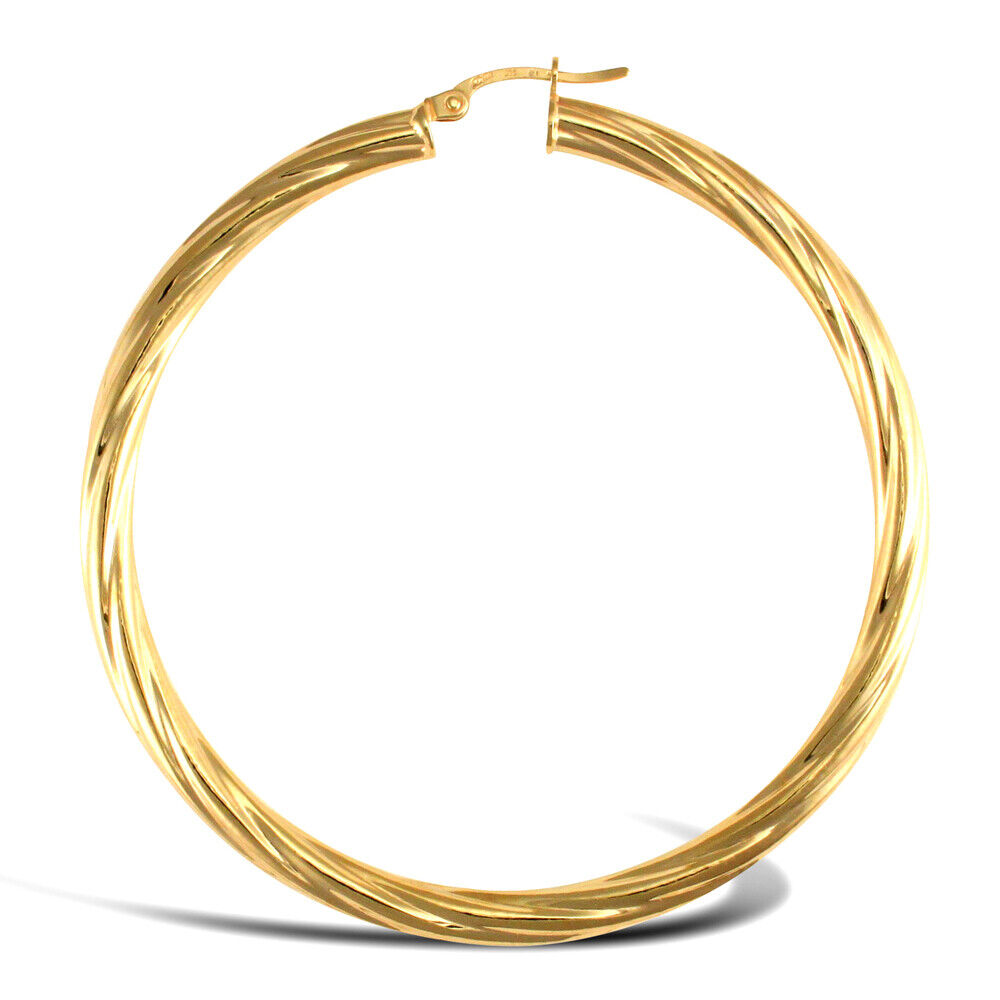 9ct Yellow Gold Hoop Twist Style Earrings British Made Hallmarked 57mm