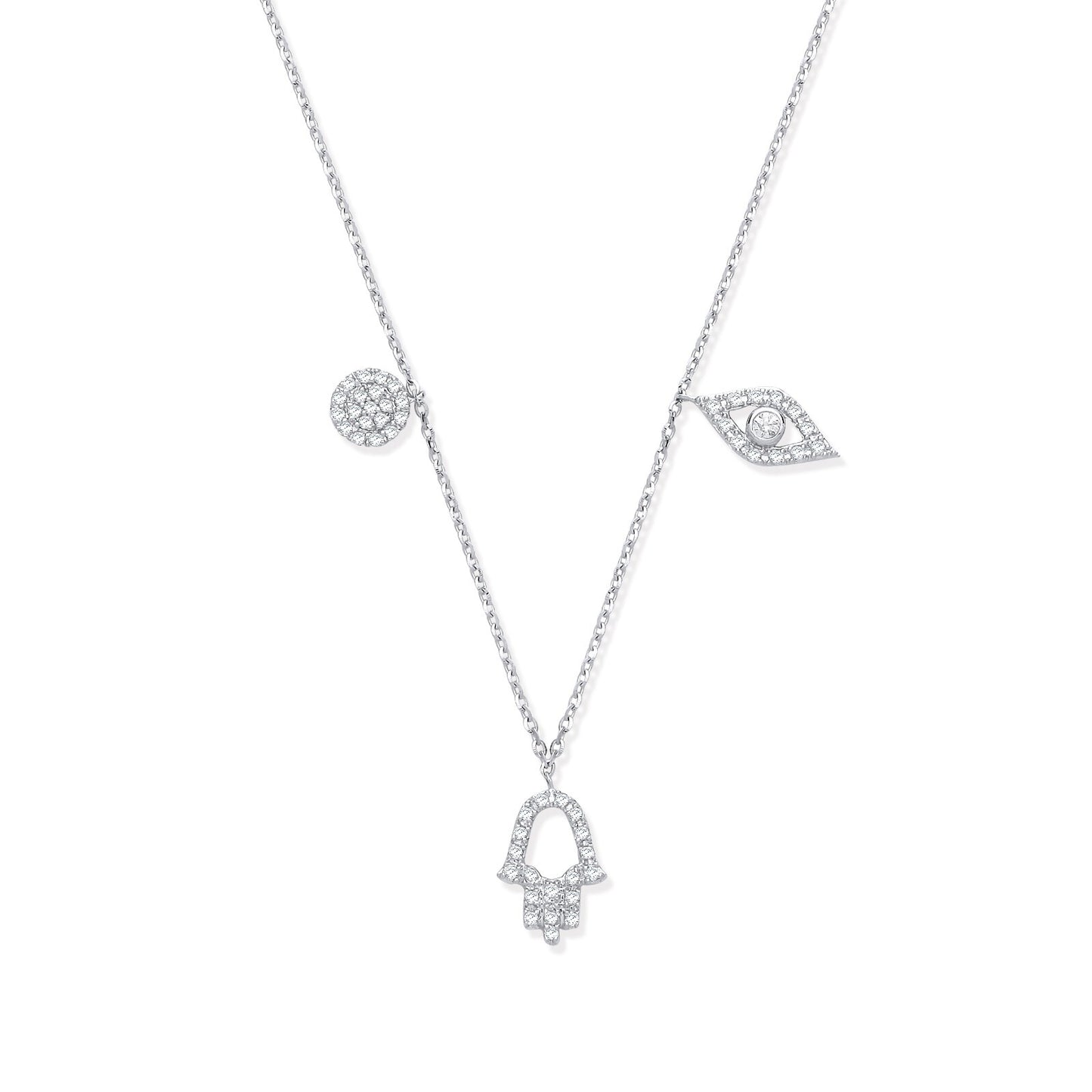 9ct White Gold 0.22ctw Diamond Evil Eye, Hamsa & Circle Necklace 16 - 18" Length