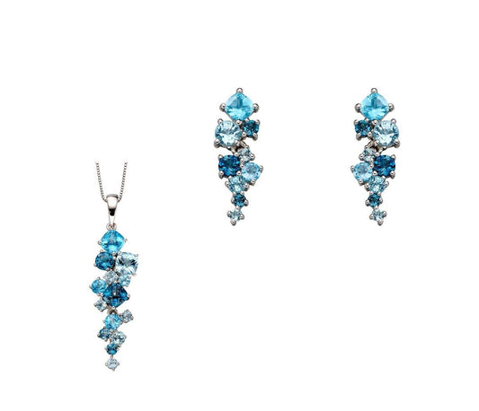Mixed Blue Topaz Pendant and Earrings  Set Solid White Gold 16, 18, or 20"Chain