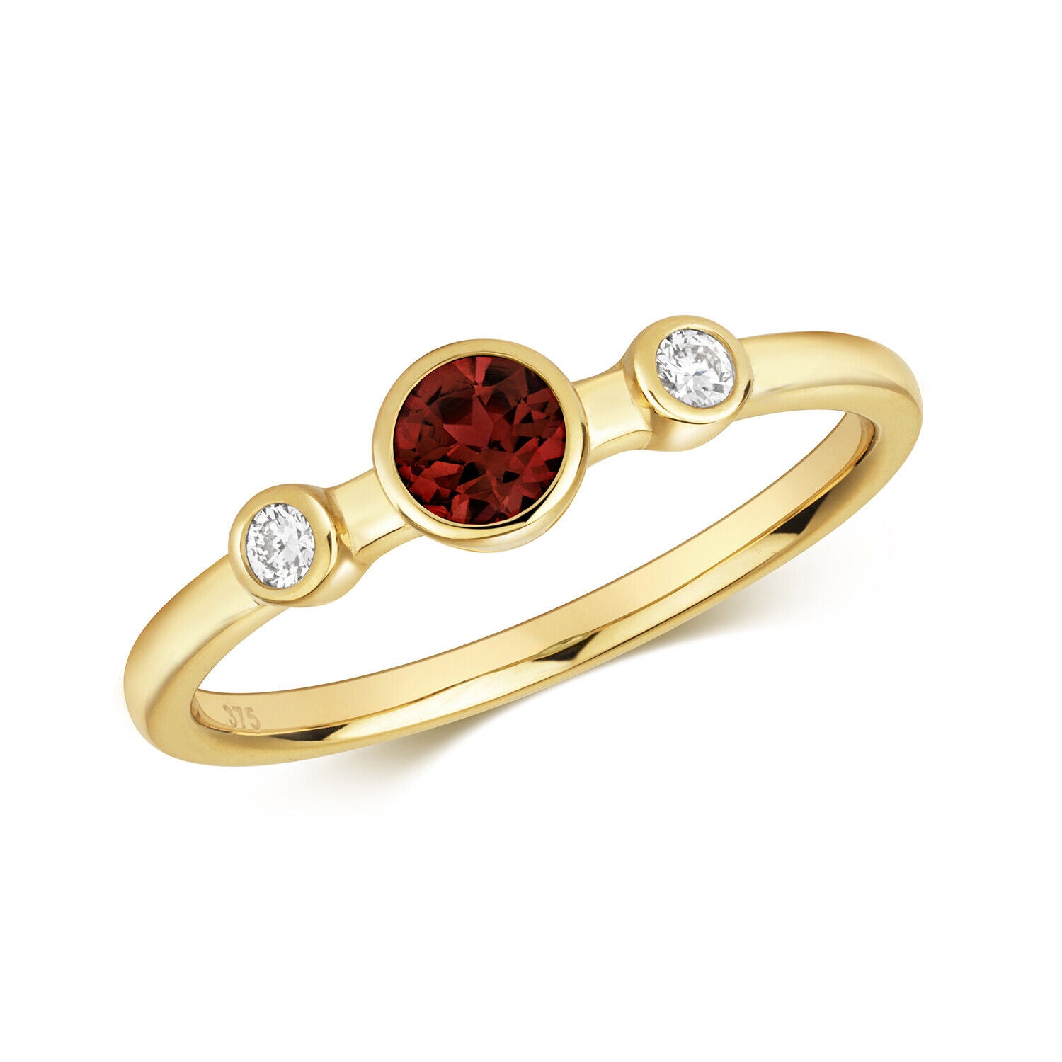 Real Garnet and Diamond Ring Solid Yellow Gold Elegant Three Stone Ring Size J-Q
