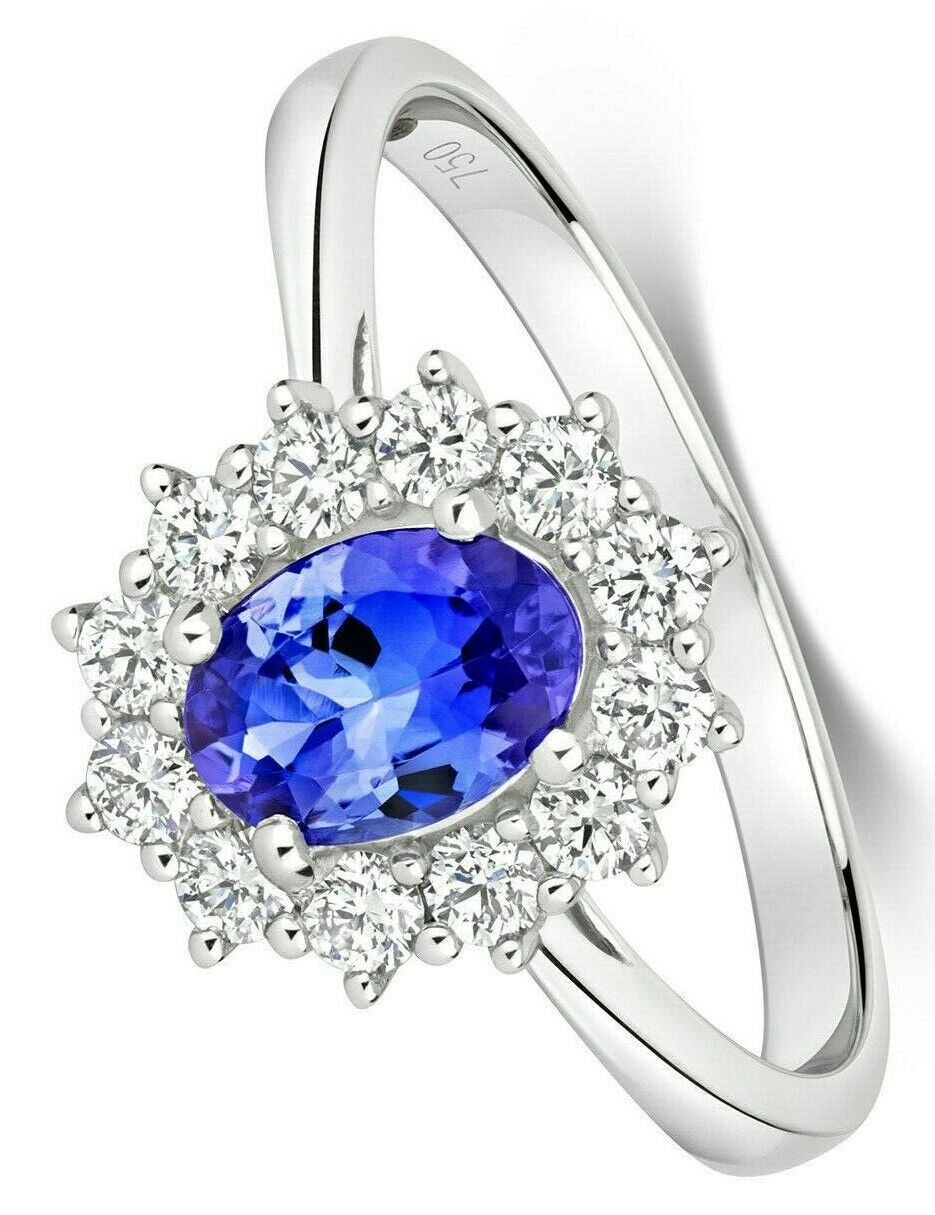 Real Tanzanite and Diamond Ring 18ct White Gold Oval Cluster Engagement