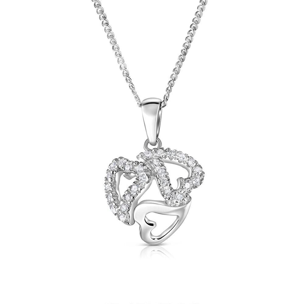 9ct White Gold 0.13ct Diamond Three Heart Pendant and Chain