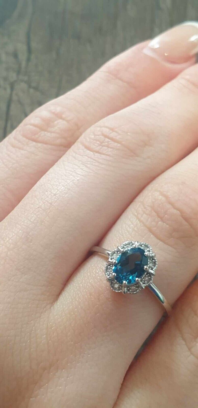 Real London Blue Topaz and Diamond Ring Solid White Gold Cluster Size J - Q
