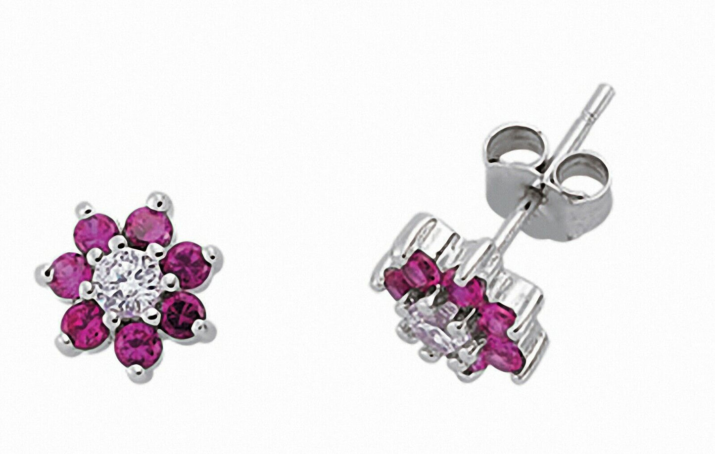 Ruby Cluster Stud Earrings Sterling Silver Rhodium Plate 925 Hallmark 8mm