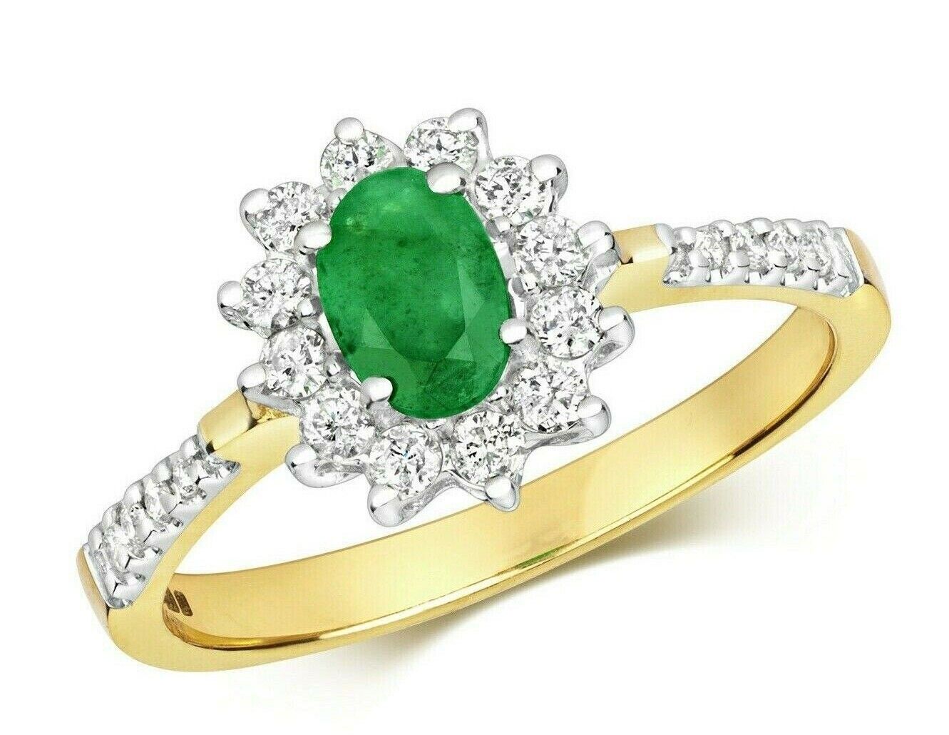 Real Emerald and Diamond Ring 9ct Yellow Gold Oval Cluster Engagement