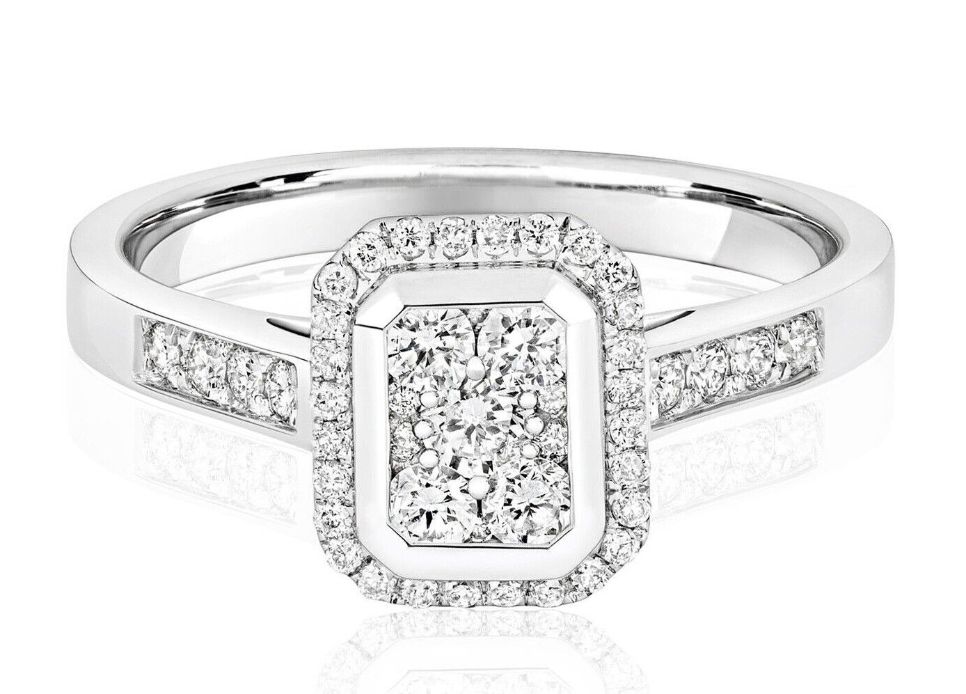 Real Diamond Ring 9ct White Gold Square Rectangular Cluster 0.50 Carat Weight