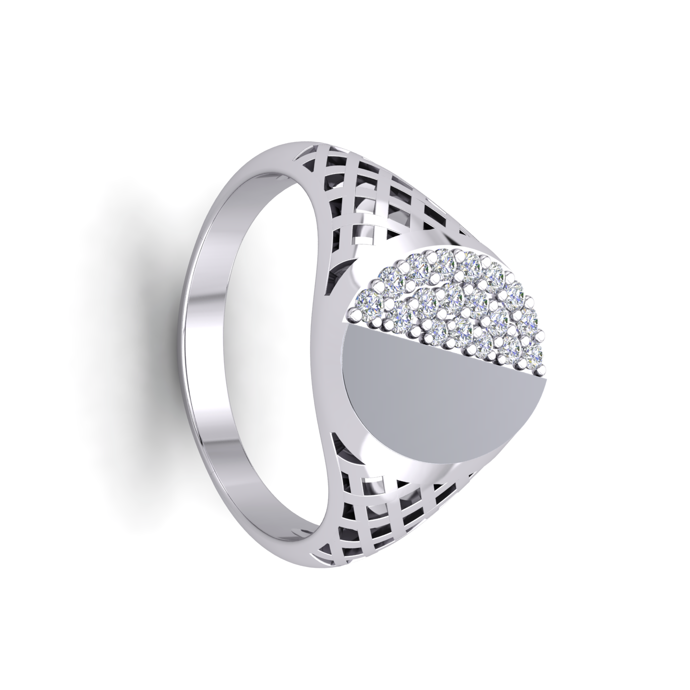 Gents Round Signet Ring Platinum Plated Solid Sterling Silver Pave Gemstones