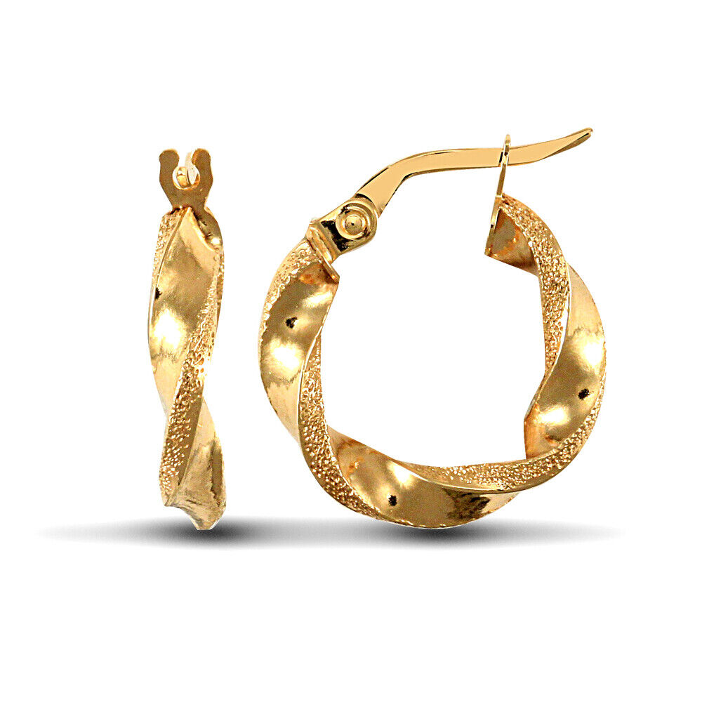 9ct Yellow Gold Hoop Polished/Frost Style Earrings British Made Hallmarked 17mm
