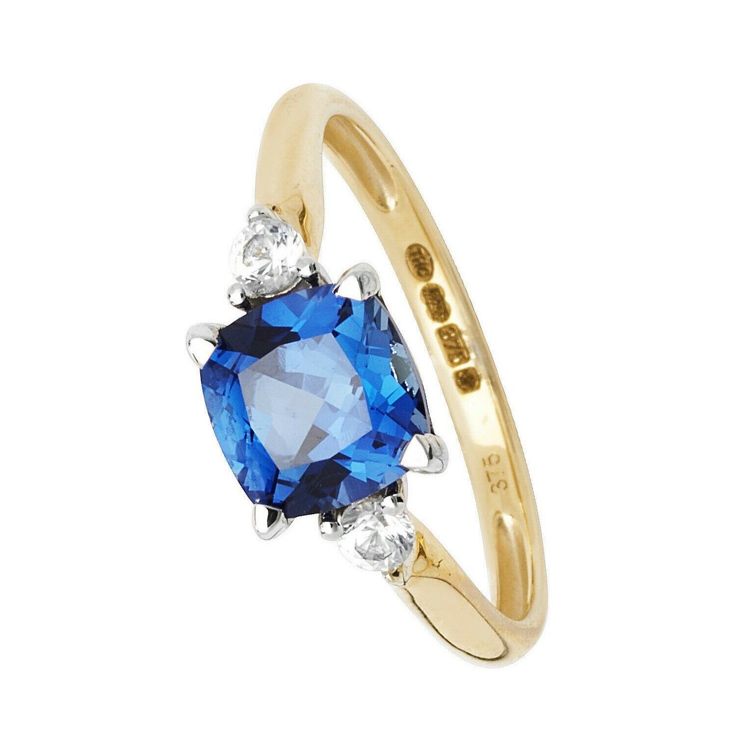 Yellow Gold Sapphire Solitaire Ring Cushion White Sapphire Engagement Hallmarked