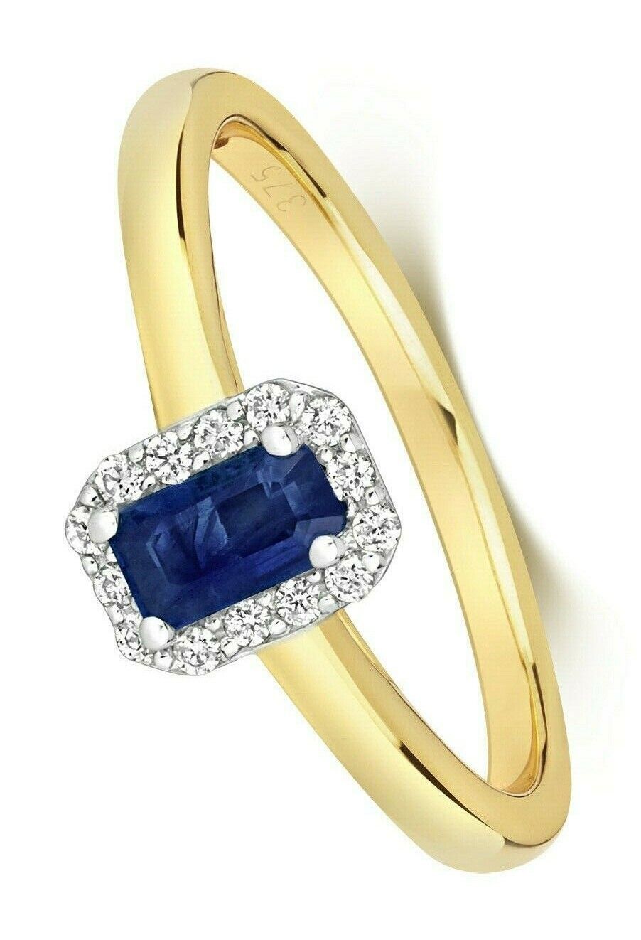 9ct Yellow Gold Sapphire and Diamond Ring Emerald Cut Cluster Size J - Q